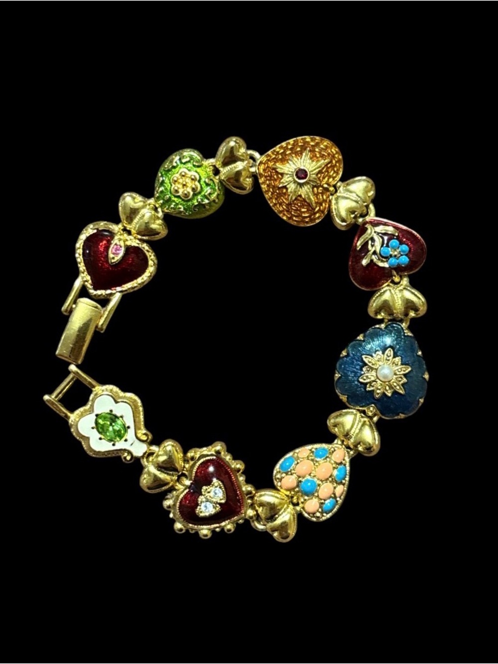 Stunning Vintage Joan Rivers Gold-Tone Multicolor Enamel Heart Link Bracelet HTF